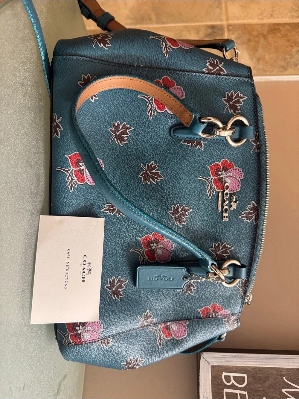 Coach Teal Floral Leather Shoulder Bag with Brown Strap Accent - Picture 7 of 10
